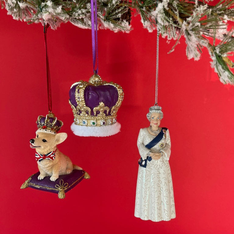 Queen Elizabeth, a Corgi, and a Crown Christmas ornaments