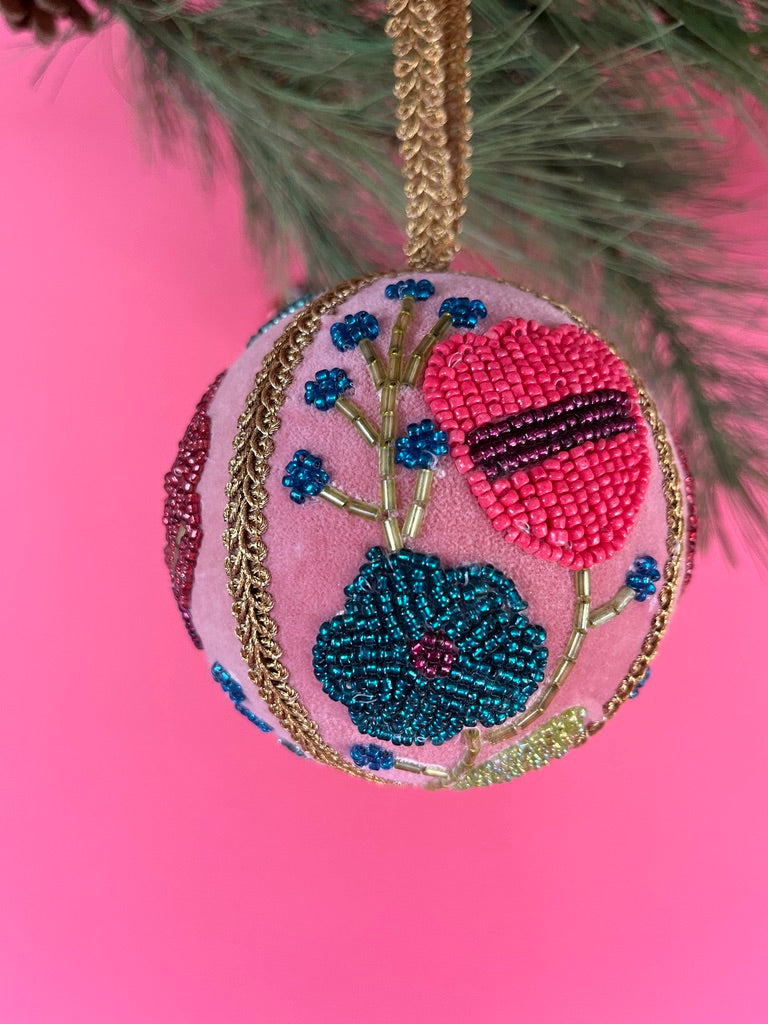 velvet Christmas ball ornaments beautifully hand-embroidered with beaded floral designs and finished with gold braided trim and hanging loops