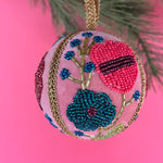 velvet Christmas ball ornaments beautifully hand-embroidered with beaded floral designs and finished with gold braided trim and hanging loops