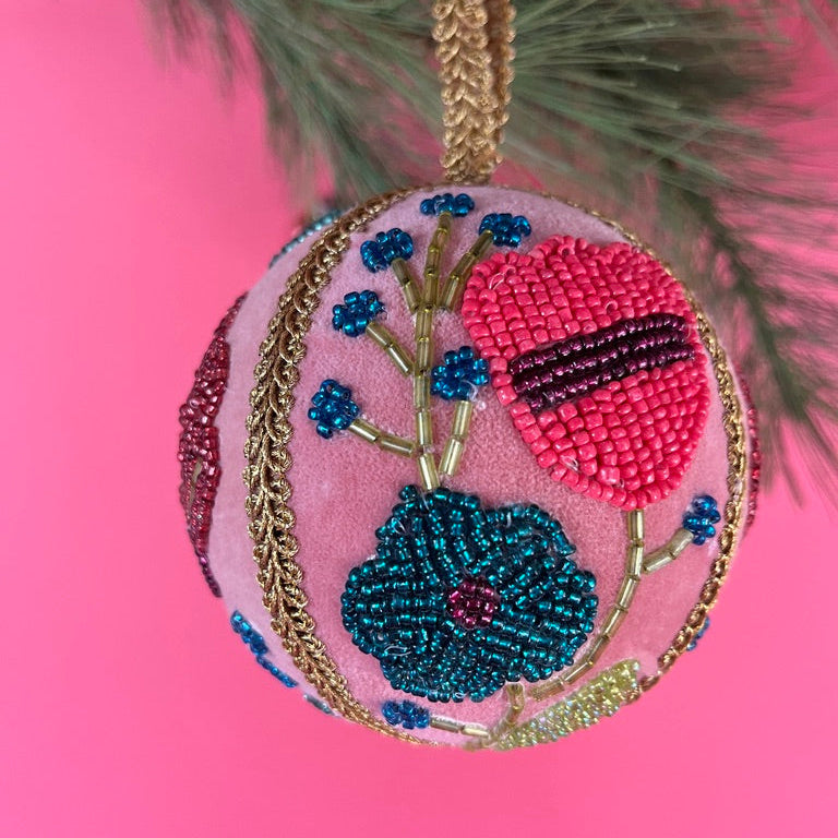velvet Christmas ball ornaments beautifully hand-embroidered with beaded floral designs and finished with gold braided trim and hanging loops