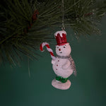 vintage-style snowman ornaments, wearing a colorful top hat and scarf