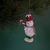 vintage-style snowman ornaments, wearing a colorful top hat and scarf
