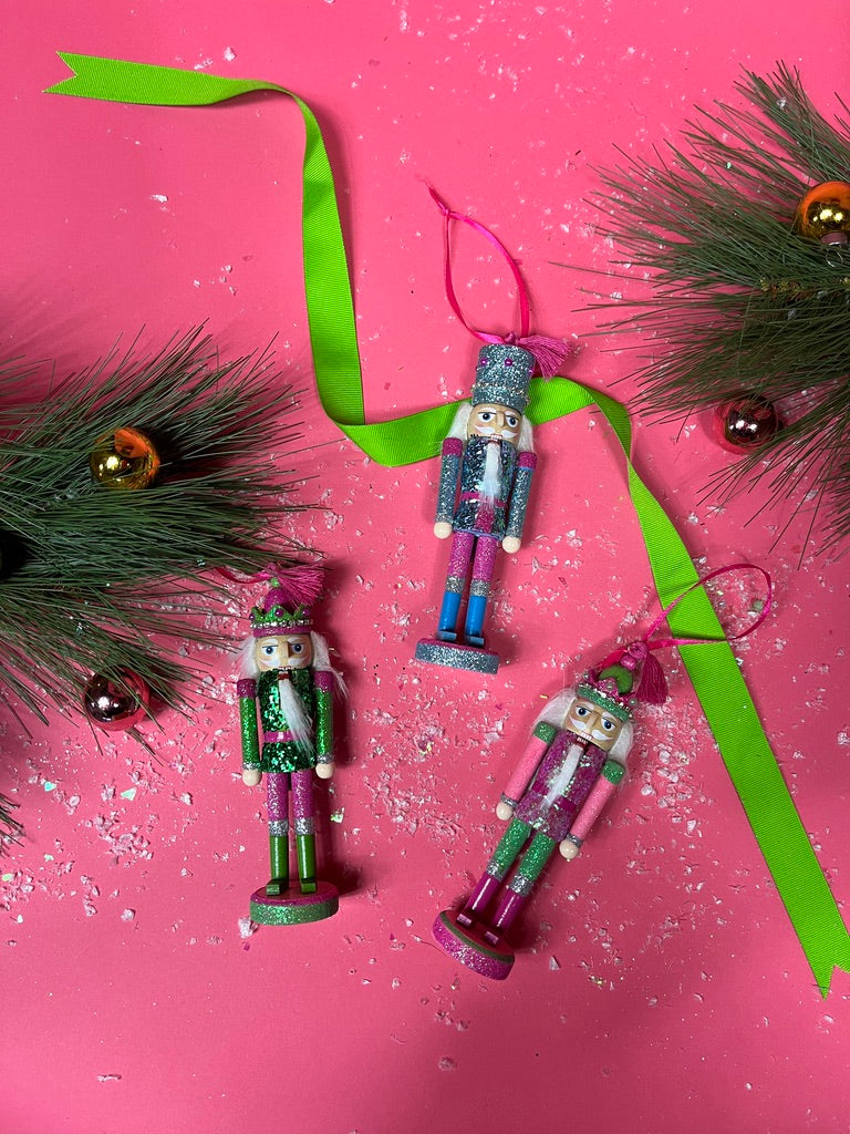 set of three Wood Glitter Nutcracker Christmas Ornaments