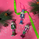 set of three Wood Glitter Nutcracker Christmas Ornaments