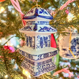 miniature blue and white Chinoiserie Christmas ginger jar ornaments closeup