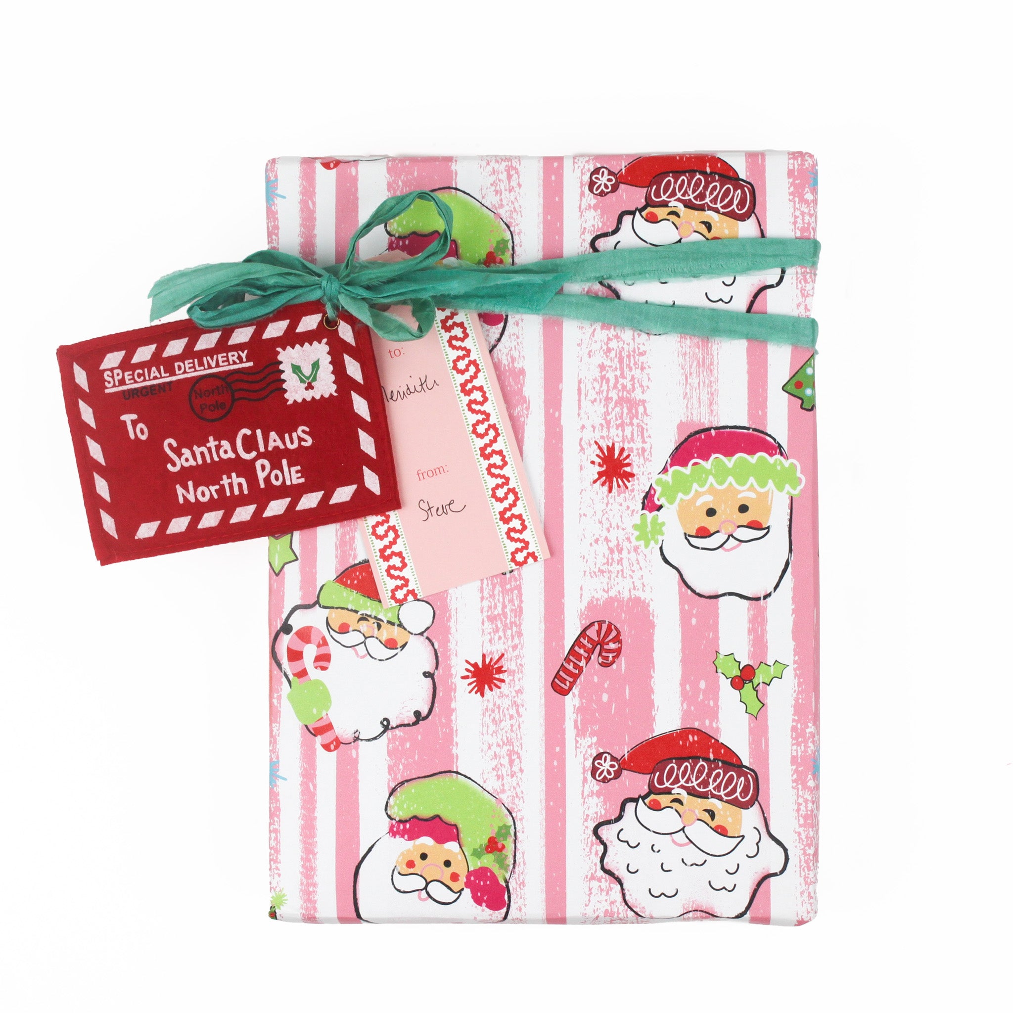 a gift tag with harbor trail design in red/pink with white space for personal message attached to a wrapped present