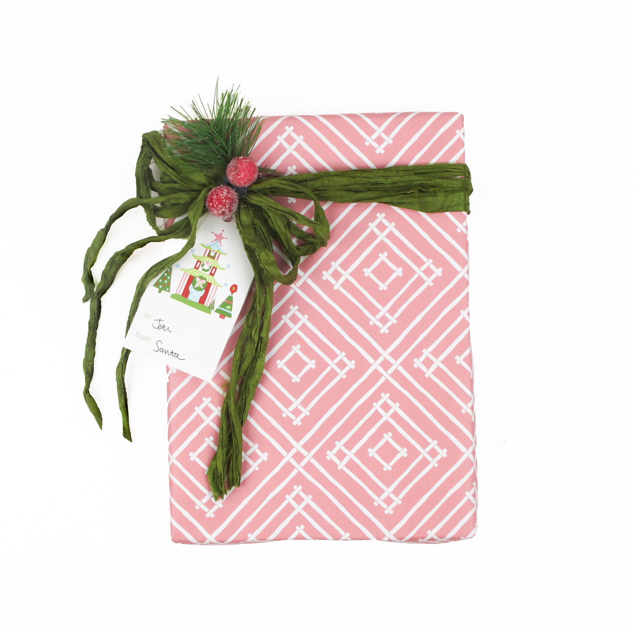 a gift tag with pagodas chinoiserie christmas design attached to a wrapped present