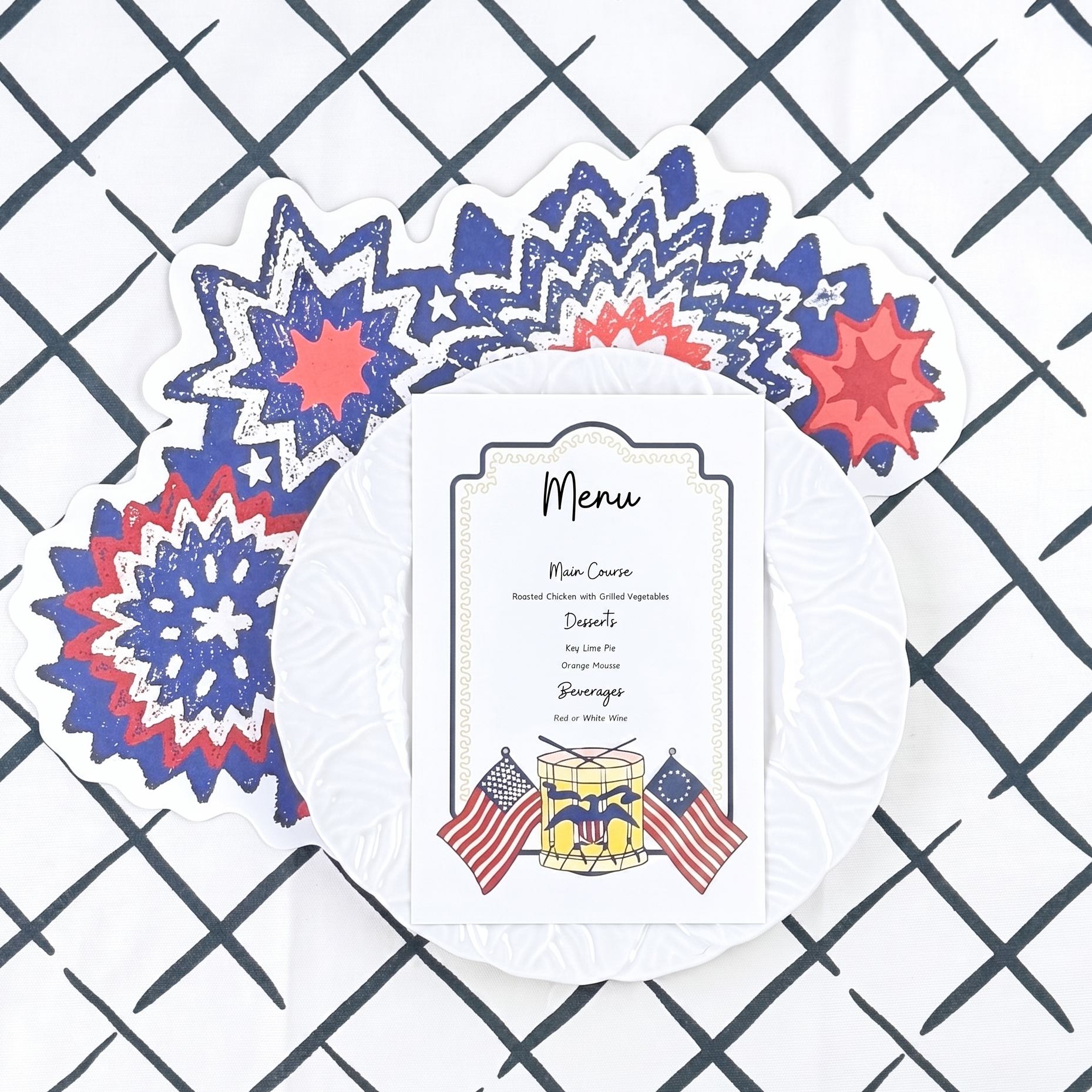 Menu card with patriotic design on a white plate against a checkered background