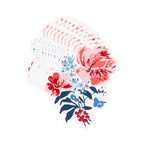 A stacked set of die cut floral paper placemats featuring pink red and blue floral illustrations on a white background.