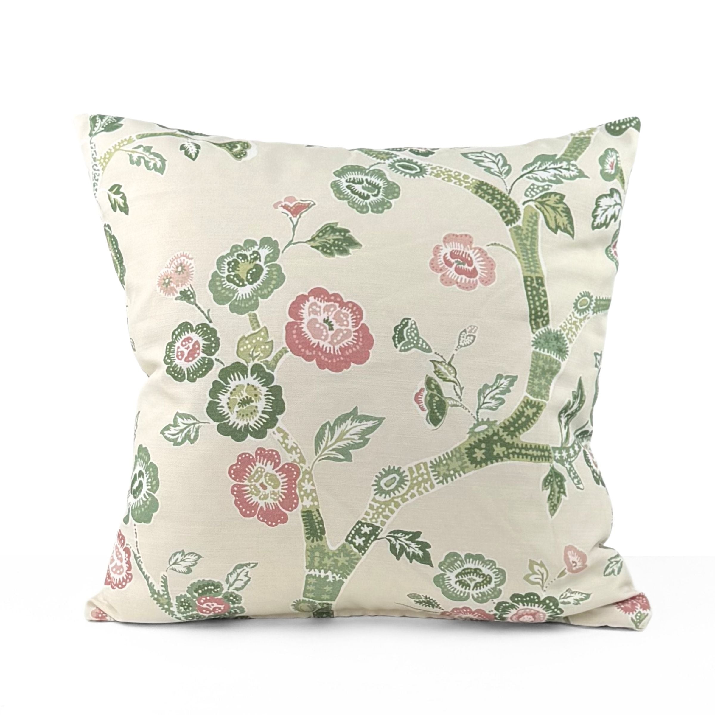 Back view of Temple Garden Green Pink Floral outdoor pillow.
