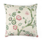 Temple Garden outdoor pillow with green and pink floral design.