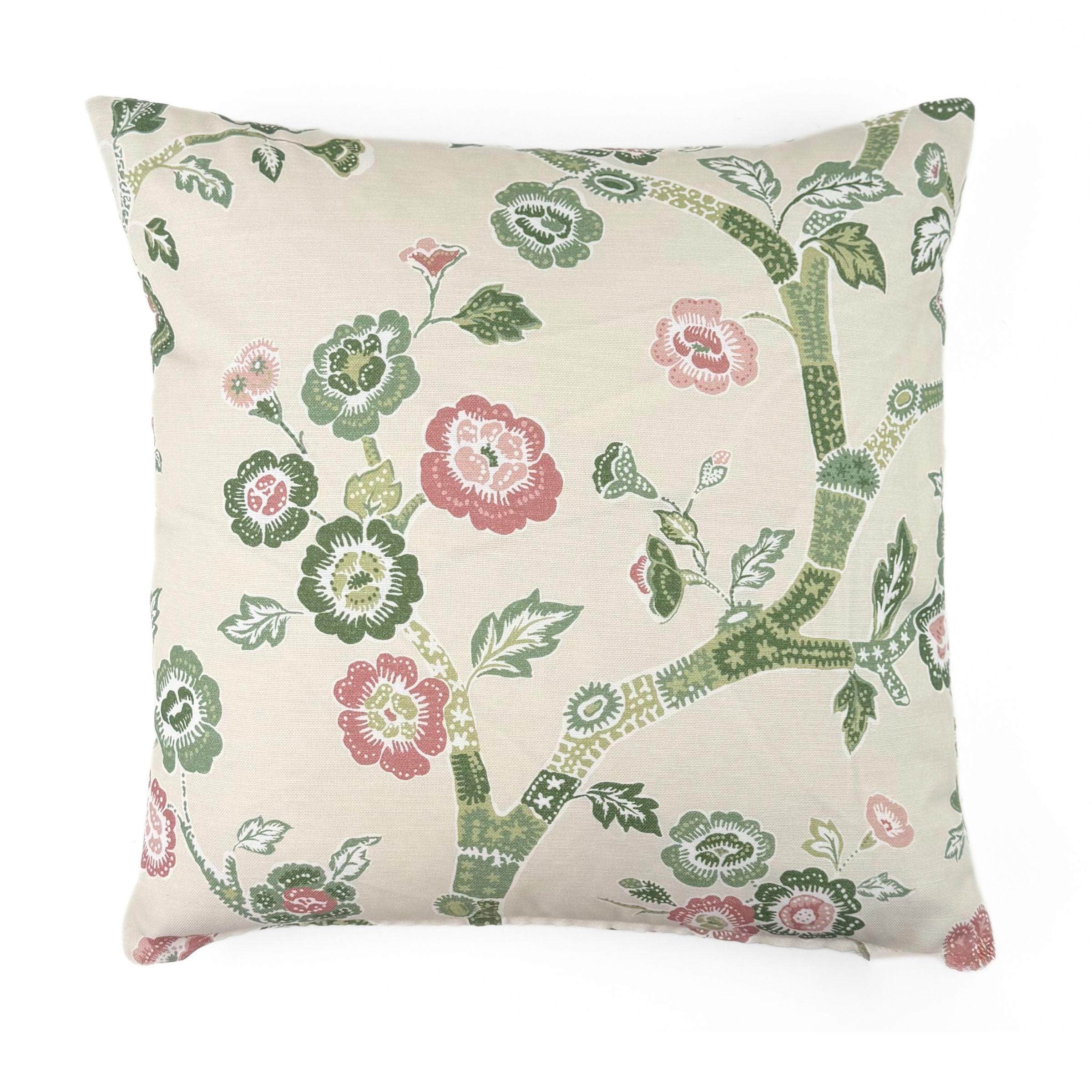 Temple Garden outdoor pillow with green and pink floral design.