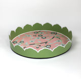 Temple Garden, a tole metal tray with scalloped edges in green with a pink and green chinoiserie peony blossom pattern