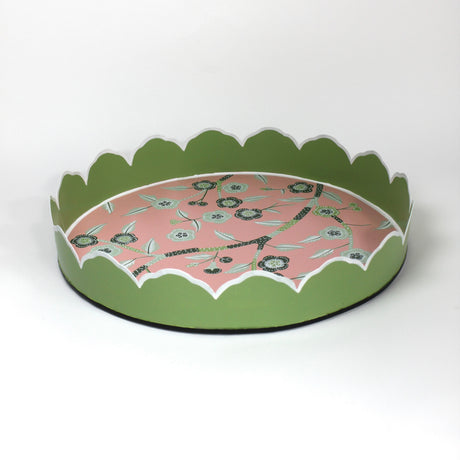 Temple Garden, a tole metal tray with scalloped edges in green with a pink and green chinoiserie peony blossom pattern