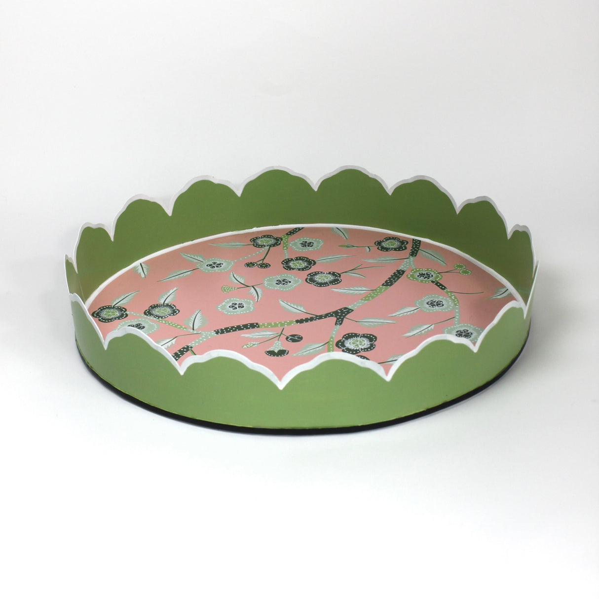 a tole metal, scallop edged pink and green chinoiserie tray from madcap cottage.