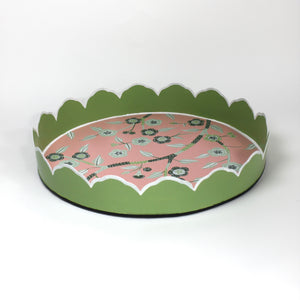 a tole metal, scallop edged pink and green chinoiserie tray from madcap cottage.
