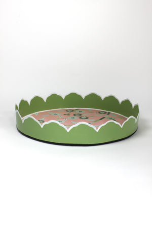 a tole metal, scallop edged pink and green chinoiserie tray from madcap cottage.