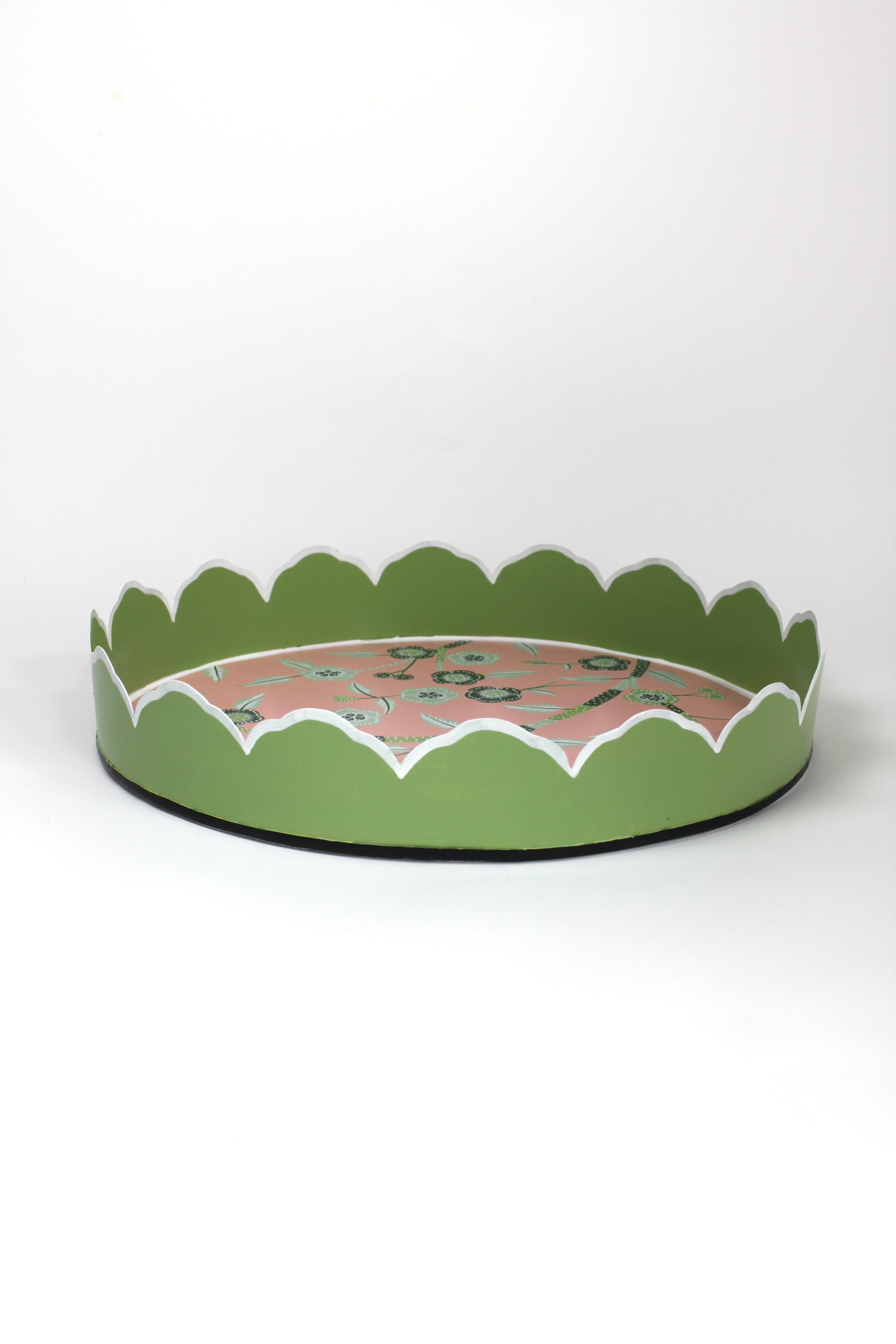 Temple Garden, a tole metal tray with scalloped edges in green with a pink and green chinoiserie peony blossom pattern