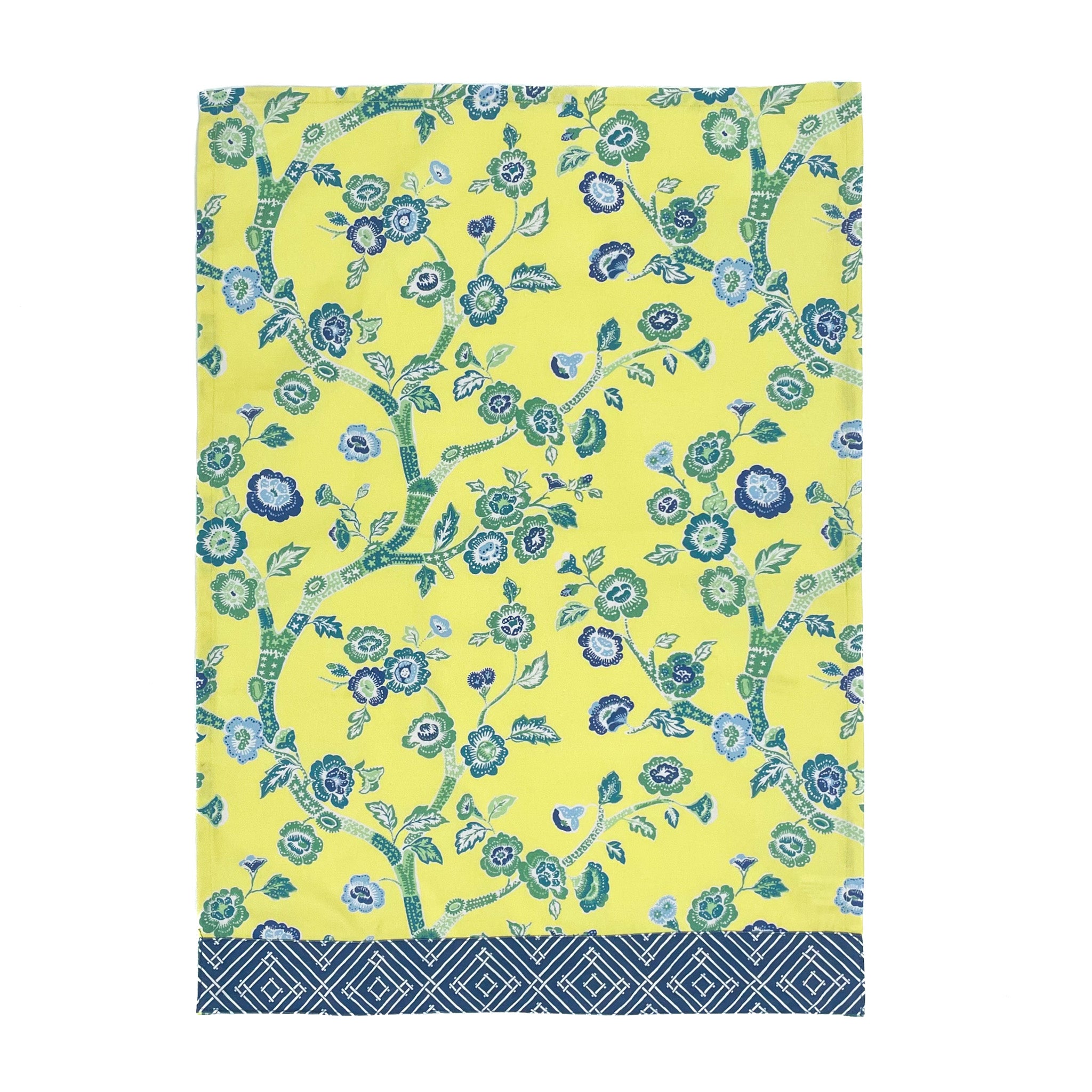 A yellow chinoiserie tea towel with a blue cherry blossom motif and a blue lattice pattern border against a white background. 