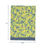 A yellow chinoiserie tea towel with a blue cherry blossom motif and a blue lattice pattern border against a white background. 