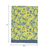 A yellow chinoiserie tea towel with a blue cherry blossom motif and a blue lattice pattern border against a white background. 