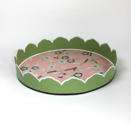 a tole metal, scallop edged pink and green chinoiserie tray from madcap cottage.