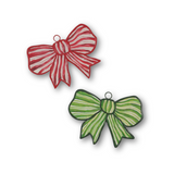 2 bow ornaments made from tole metal, one red with white stripes and one green with white stripes on a plain white background