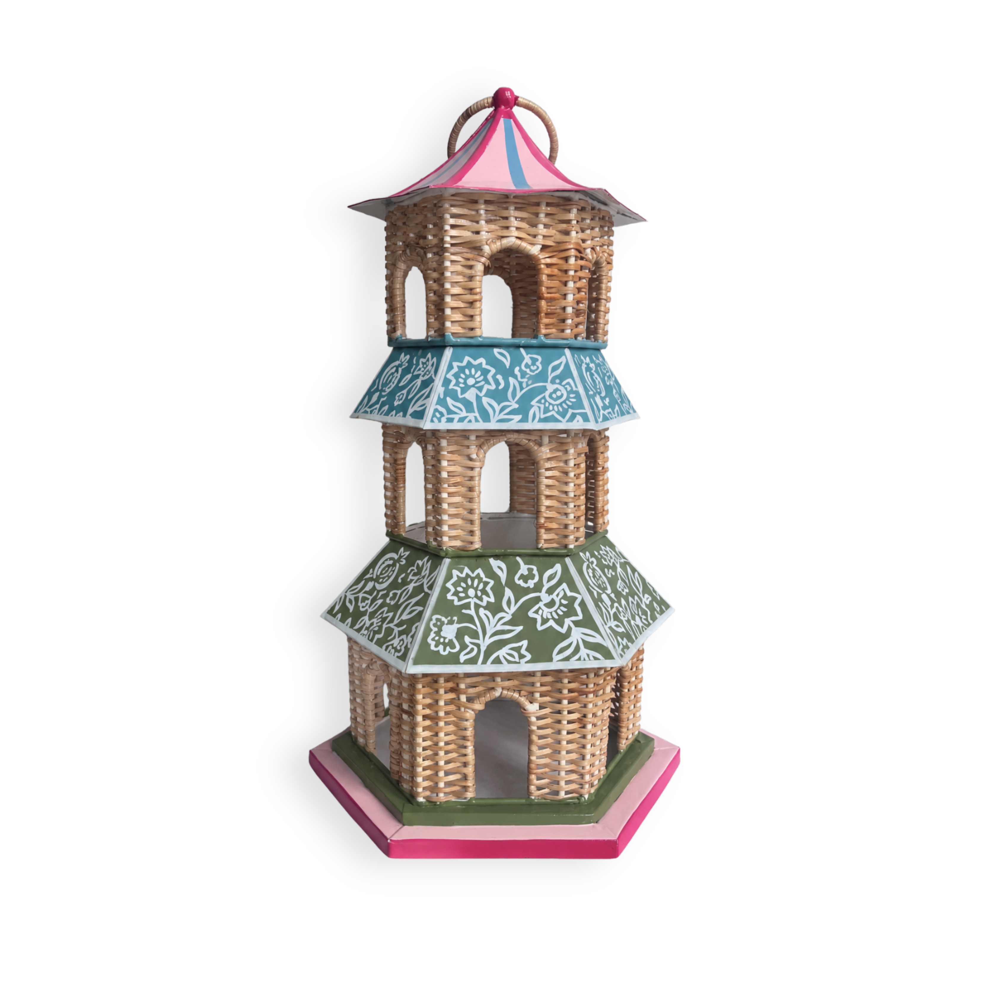 A decorative miniature pagoda with three tiers, featuring a natural rattan body, teal and green patterned roofs, and pink accents on the top and base, shown against a plain white background.
