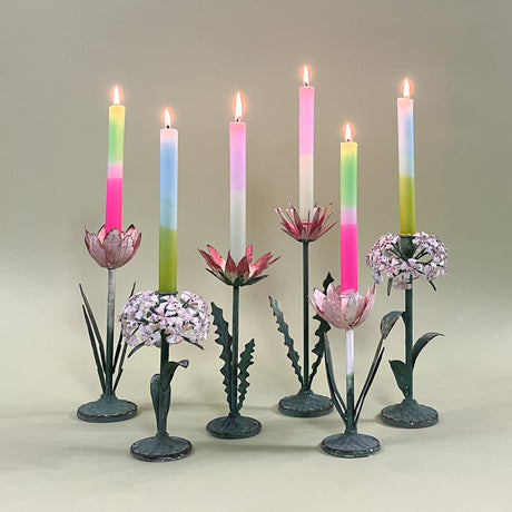 Hand-painted tole metal flower candle holders with candles