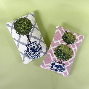 blue topiary pillow and pink topiary pillow