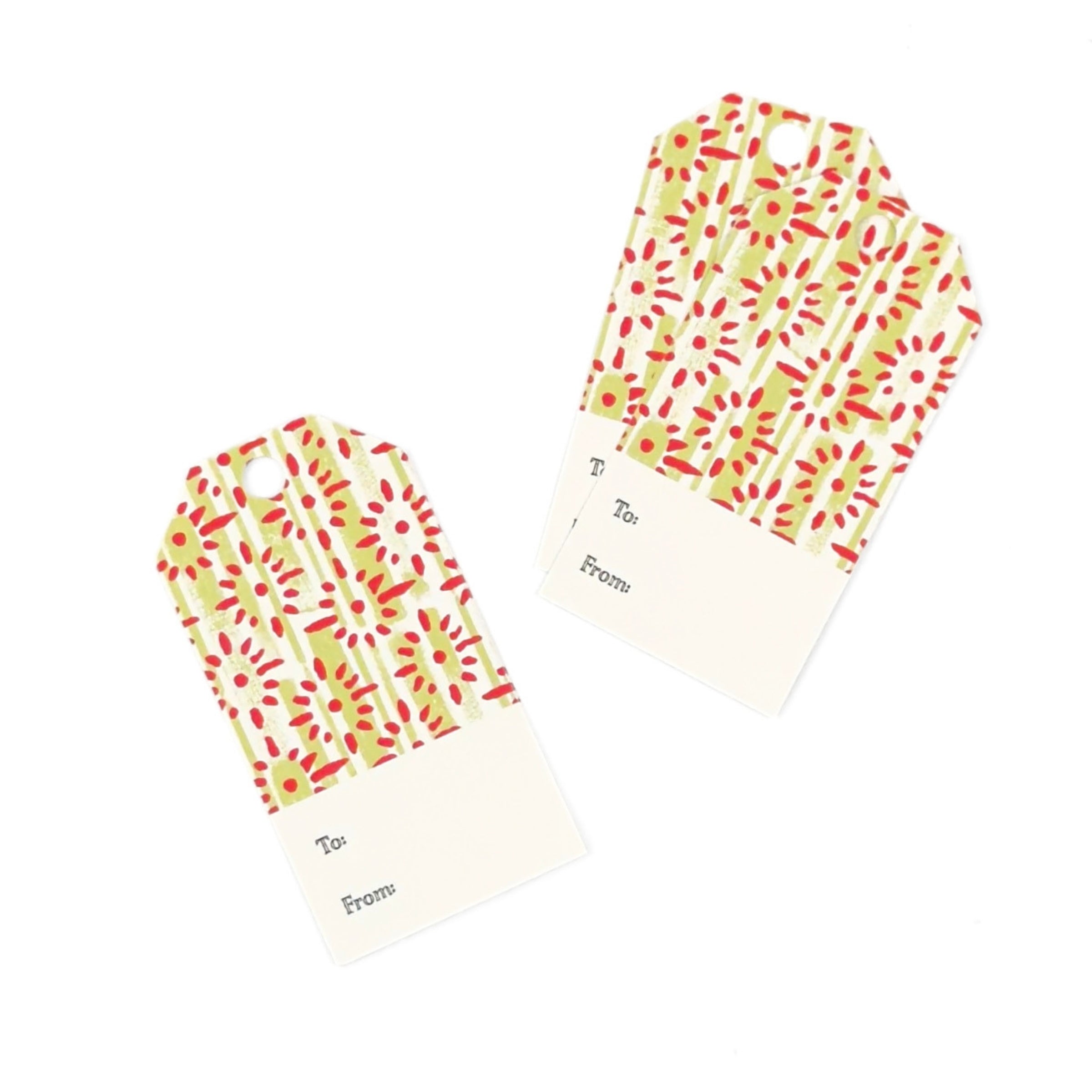 Toujours Provence gift tags featuring a vibrant red and green floral pattern, pre-punched holes, and printed To and From fields for personalized gift giving.