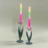 hand-painted tole metal tulip flower candle holders with candles