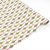 Festive Christmas gift wrap featuring colorful decorated trees, playful patterns, and cheerful pink ribbon accents.