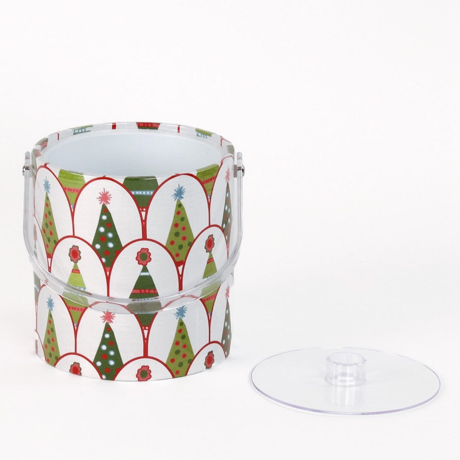 Twinkle Trees is an acrylic ice bucket covered in a green Christmas tree pattern.