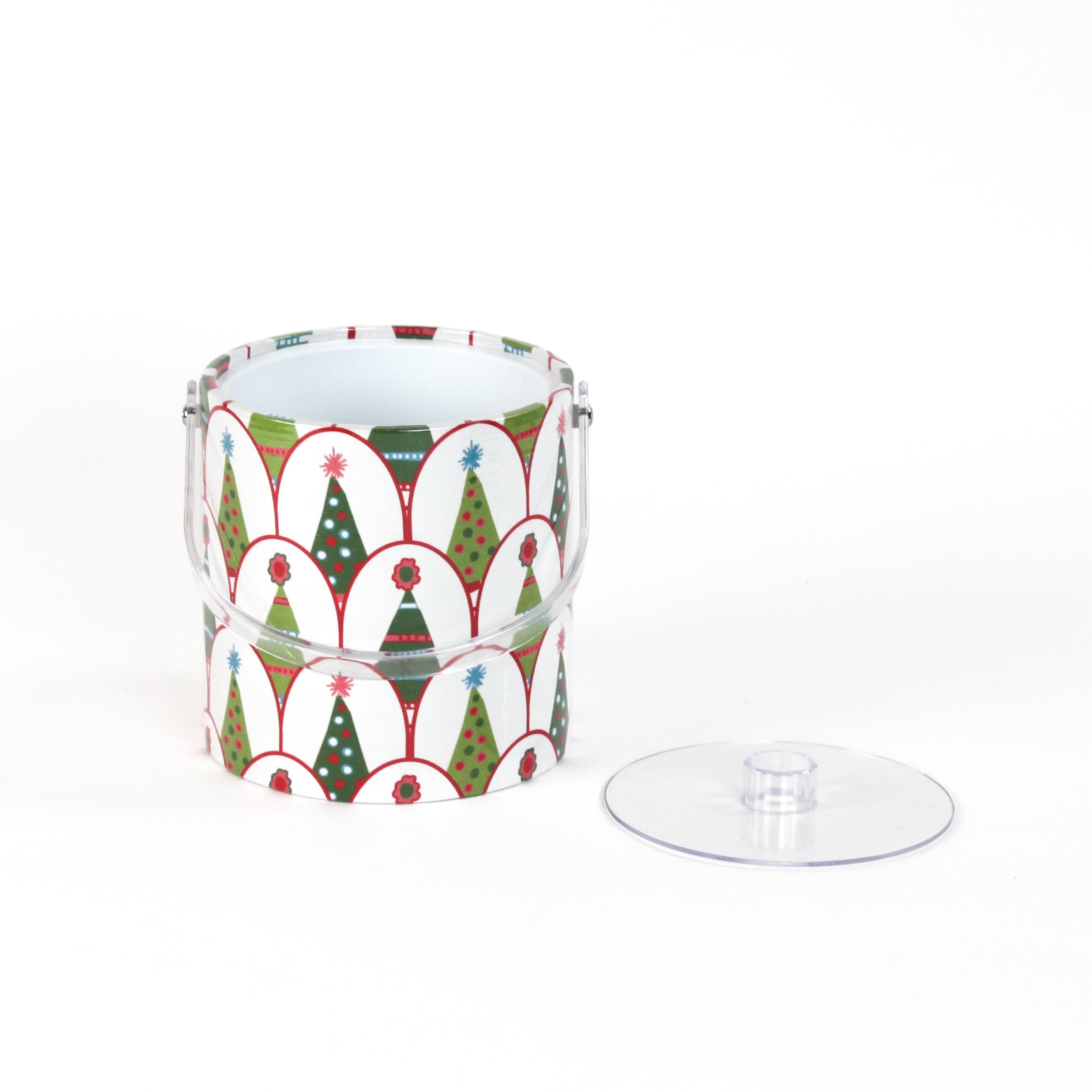 Twinkle Trees is an acrylic ice bucket covered in a green Christmas tree pattern.