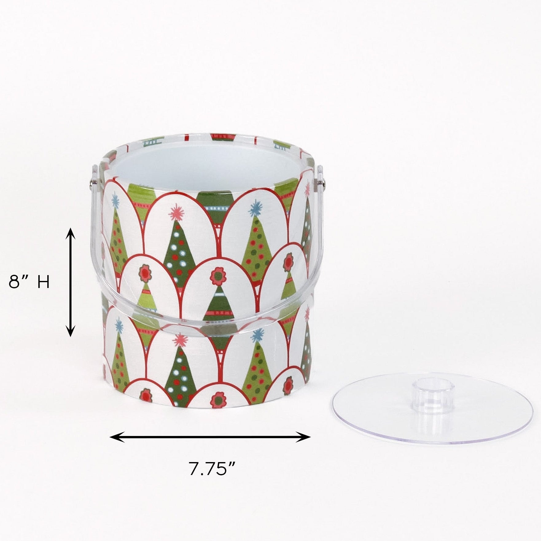 Twinkle Trees is an acrylic ice bucket covered in a green Christmas tree pattern, in this image, the dimension is shown