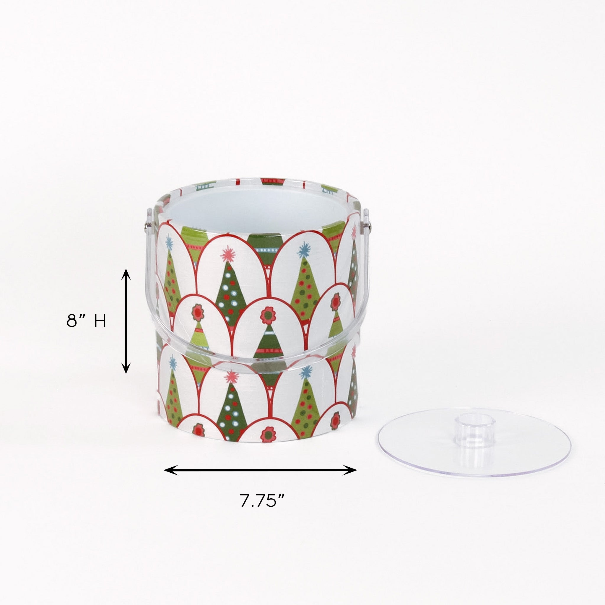 Twinkle Trees is an acrylic ice bucket covered in a green Christmas tree pattern, in this image, the dimension is shown