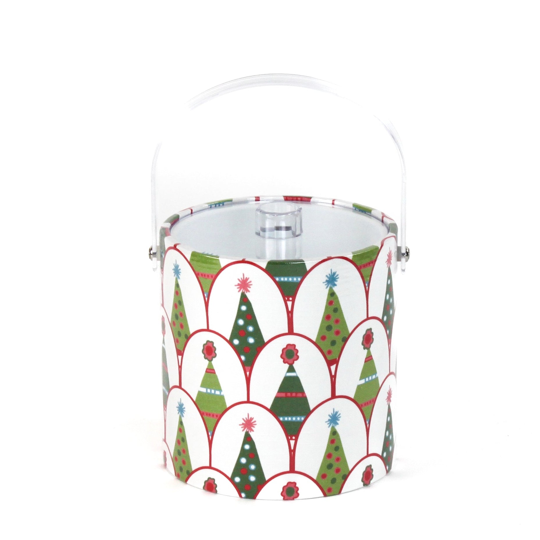 Twinkle Trees is an acrylic ice bucket covered in a green Christmas tree pattern.