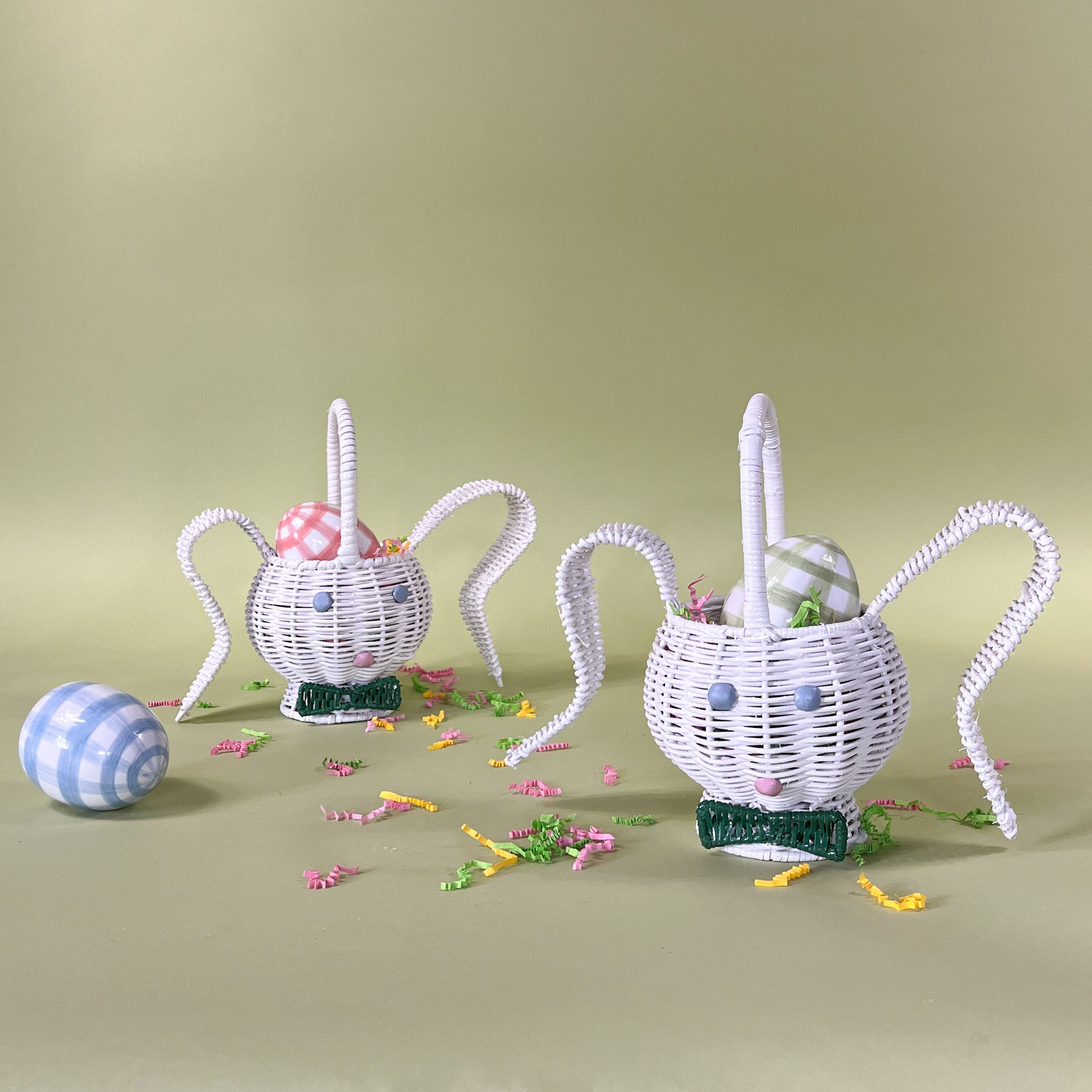 white rattan bunny easter baskets with eggs