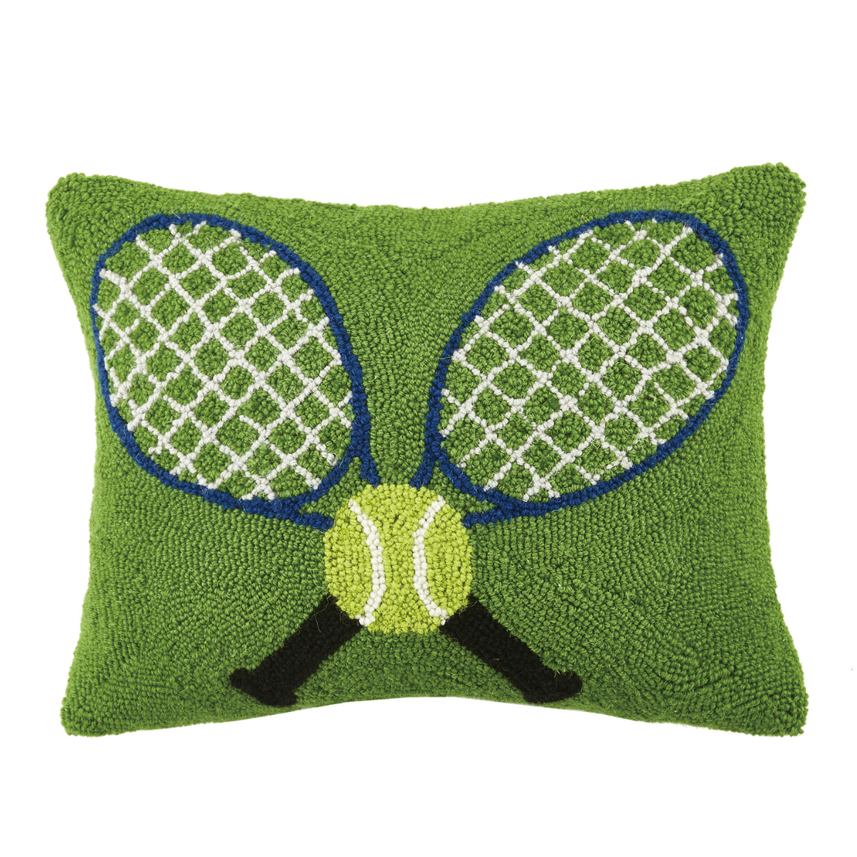 A green tennis pillow with two crossed rackets and a tennis ball.