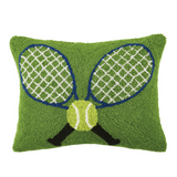 A green tennis pillow with two crossed rackets and a tennis ball.