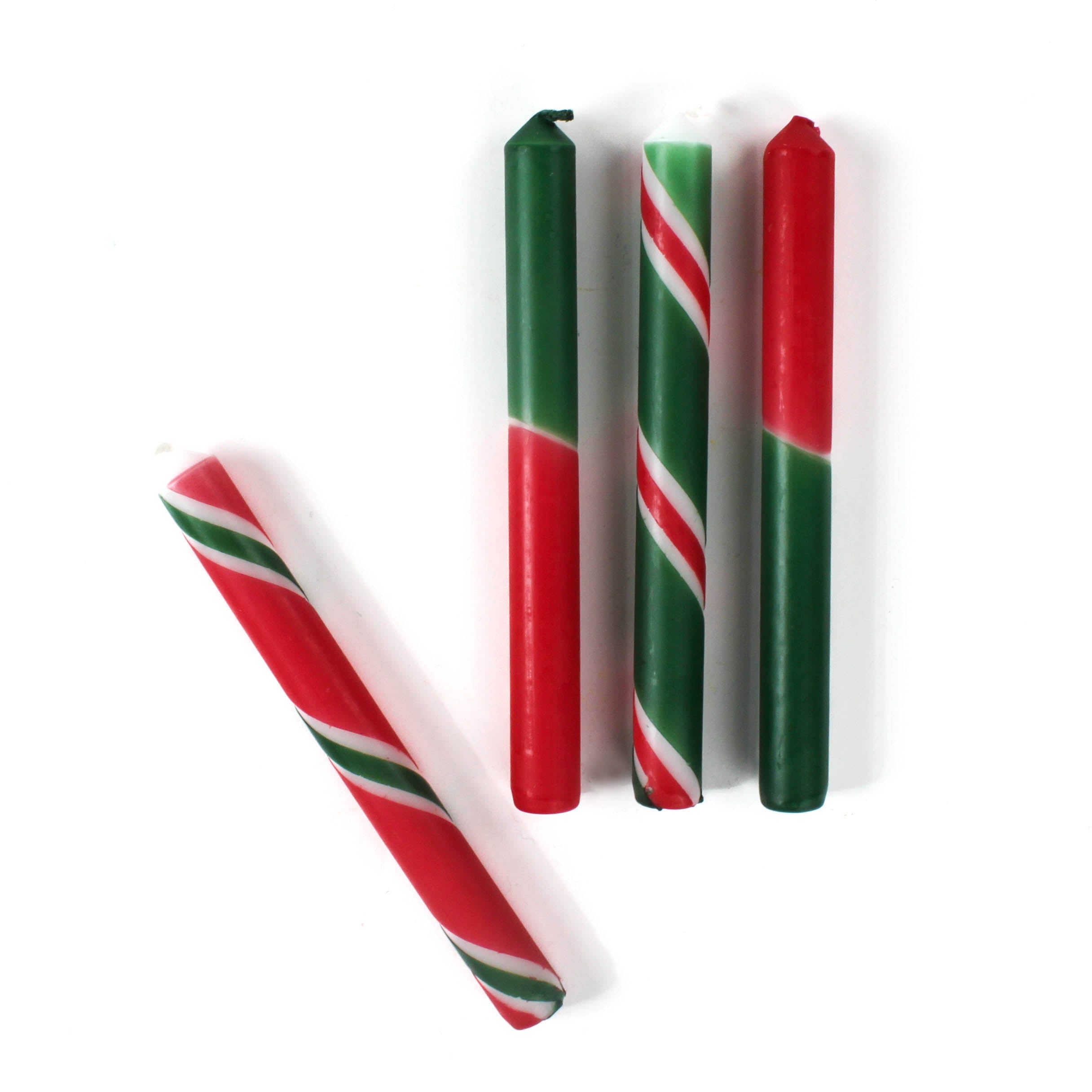 4 red and green taper candles with varied stripe designs on a white background. 