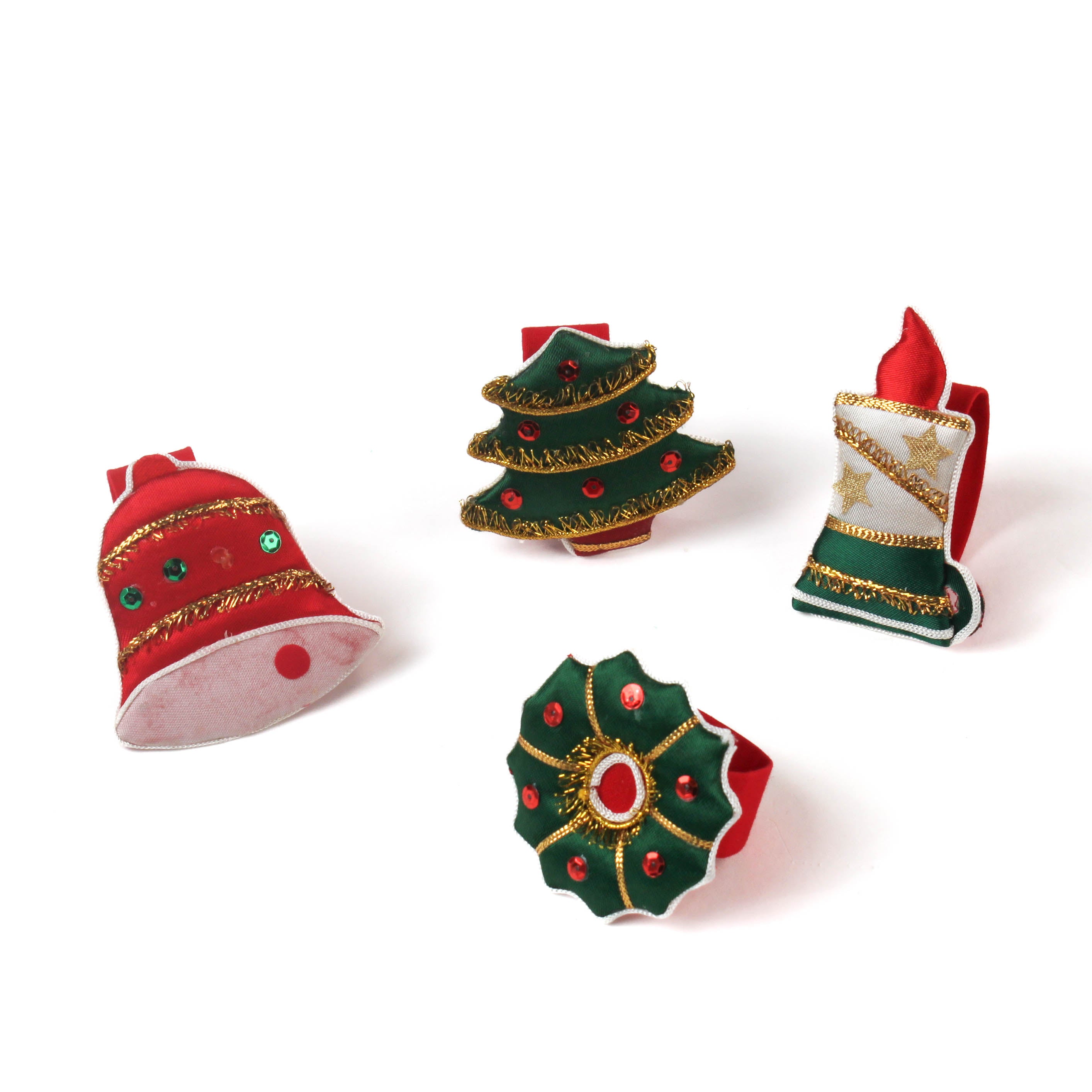 Vintage Satin Christmas Wreath, Candle, Bell Christmas Tree Christmas Icons Napkin Rings, Set of 4