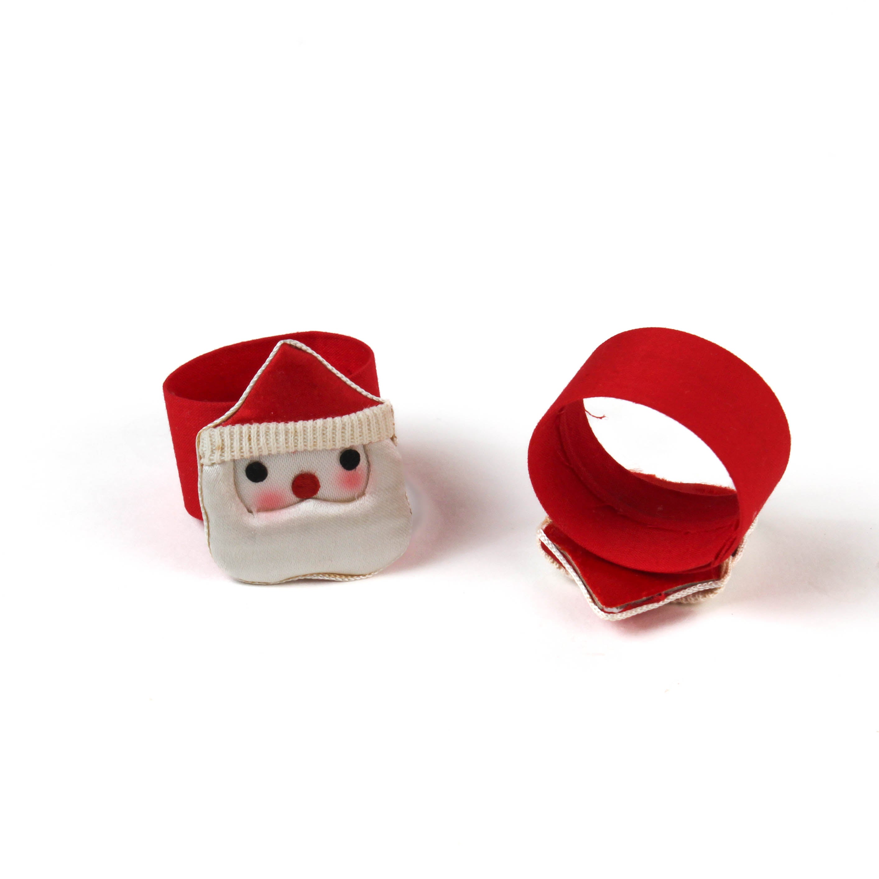 Pointed Cap Satin Santa Vintage Christmas Napkin Rings showing the front and back