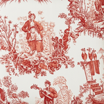 Fabric featuring a classic red toile de Jouy pattern on an off-white background.