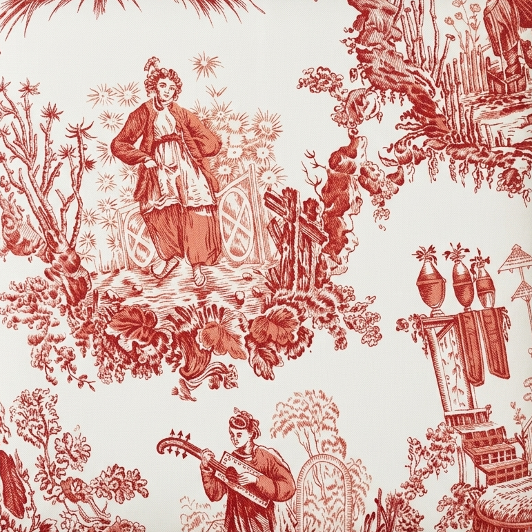 Fabric featuring a classic red toile de Jouy pattern on an off-white background.