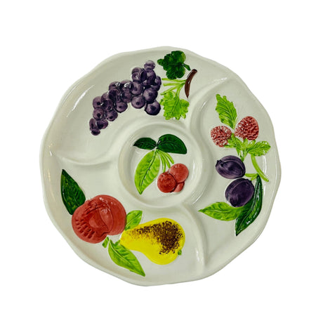 a vintage fruit platter with motifs of grapes, cherries, pears, plums and peaches.