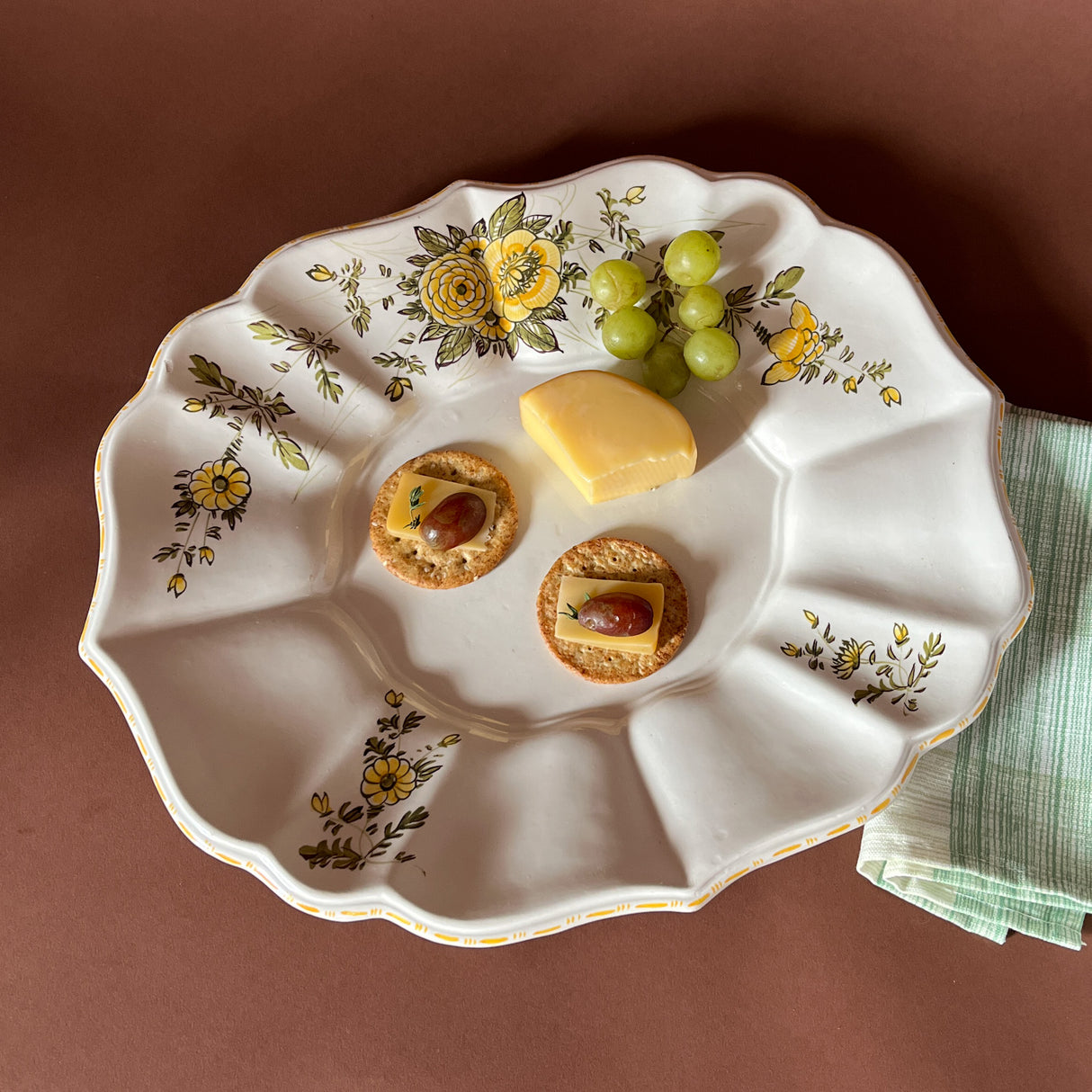 Vintage Italian Floral Ceramic Yellow/Green Scalloped Serving Tray