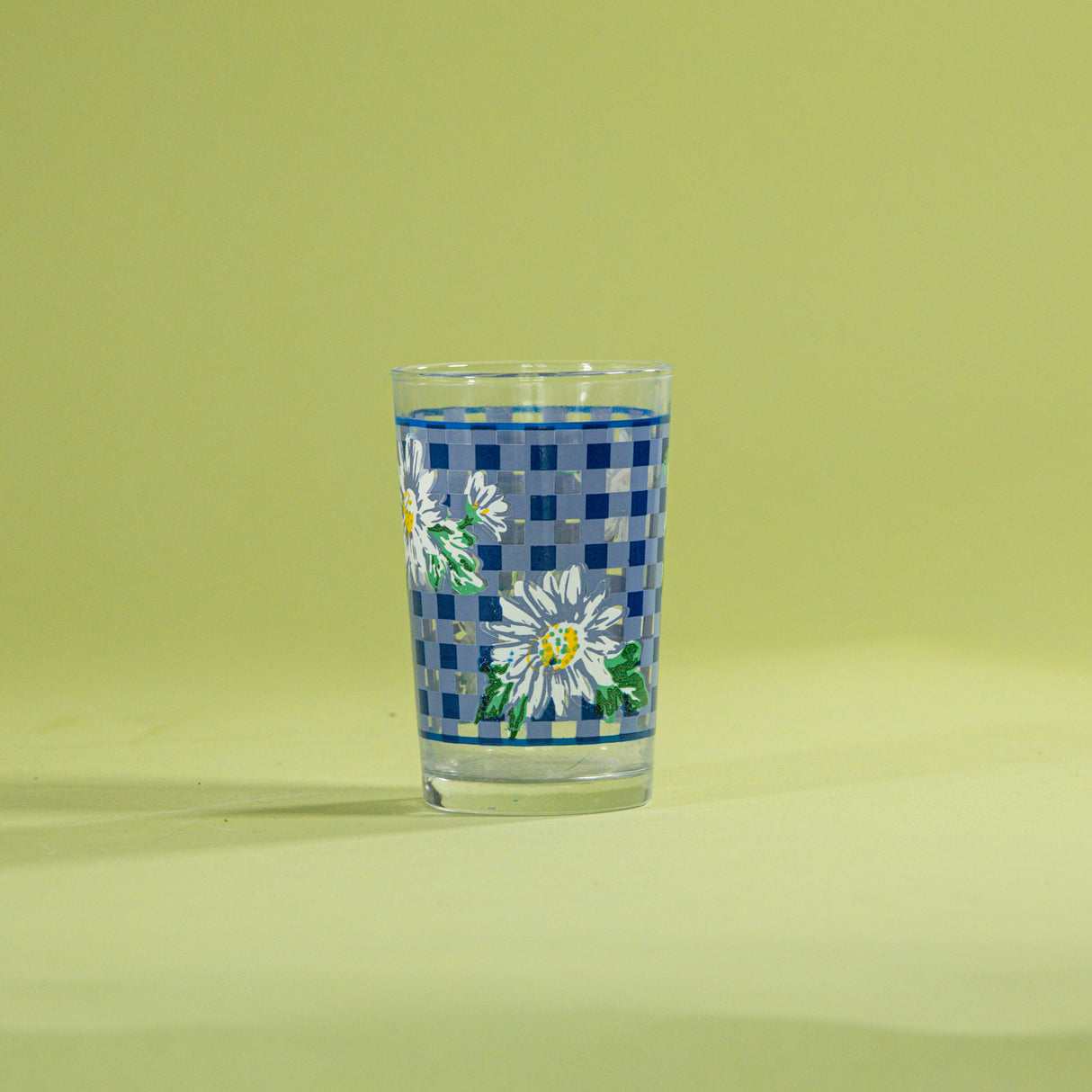 Vintage Blue Gingham Floral Drinking Glasses, Set of 4