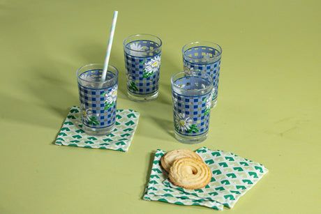 Vintage Blue Gingham Floral Drinking Glasses, Set of 4